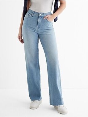 High Waisted Medium Wash Raw Hem Wide Leg Jeans
